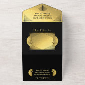 Invitation Tout En Un Cartons de Mariage Art Déco Paon Or et Noir (Dehors)