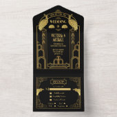 Invitation Tout En Un Cartons de Mariage Art Déco Paon Or et Noir (À l'intérieur)