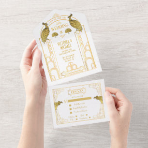 Invitation Tout En Un Cartons d'invitation de mariage Art Déco Paon Or e
