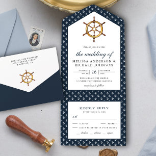 Invitation Tout En Un Casque Rustique Mariage bleu marine