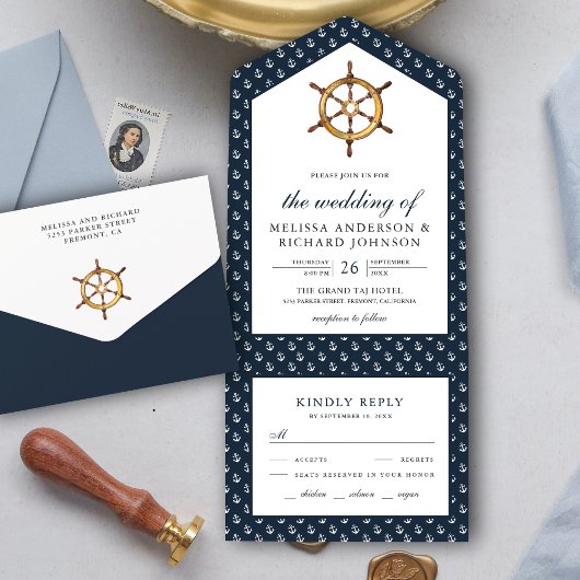 Invitation Tout En Un Casque Rustique Mariage bleu marine
