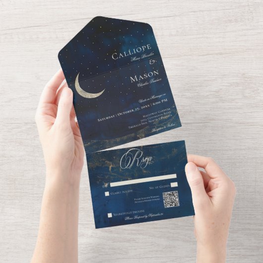 Invitation Tout En Un Céleste bleu croissant Lune Mariage QR Code (Déchirure)
