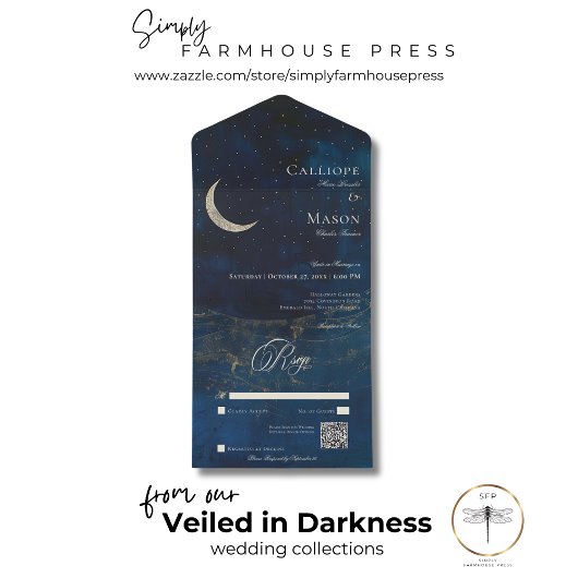 Invitation Tout En Un Céleste bleu croissant Lune Mariage QR Code