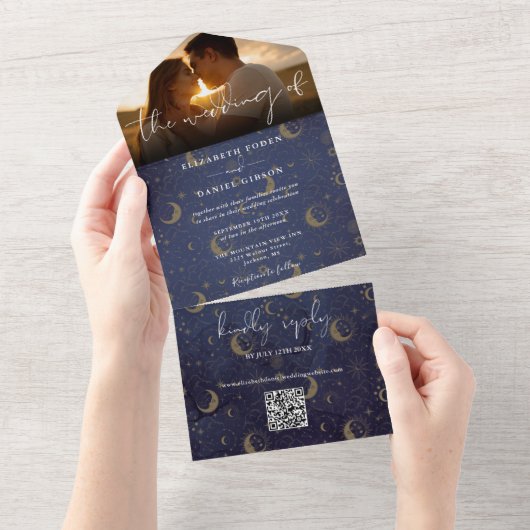 Invitation Tout En Un Céleste mystique QR Code Mariage Photo (Déchirure)