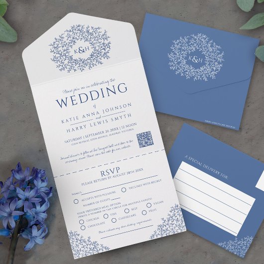 Invitation Tout En Un Cercle blanc bleu mariage de QR feuille