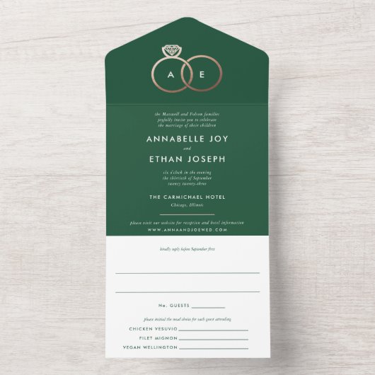 Invitation Tout En Un Cercles d'or Rose moderne Mariage vert (À l'intérieur)