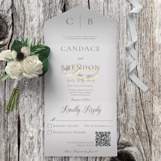 Invitation Tout En Un Cercles mariages moderne argent gris QR Code