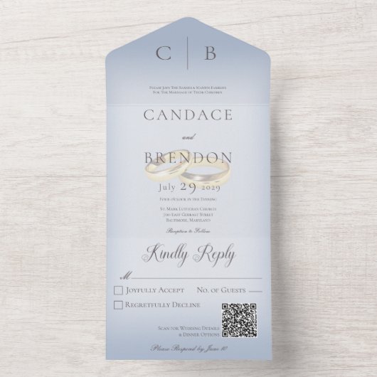 Invitation Tout En Un Cercles mariages Moderne Dusty Bleu QR Code (À l'intérieur)