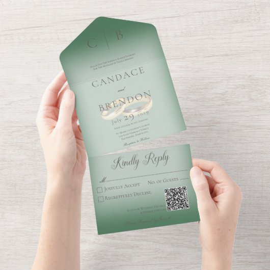 Invitation Tout En Un Cercles mariages Moderne Emerald Green QR Code (Déchirure)