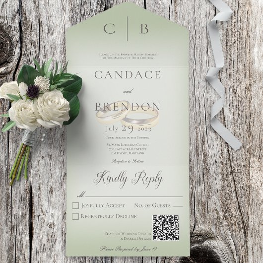 Invitation Tout En Un Cercles mariages Sage moderne Vert QR Code