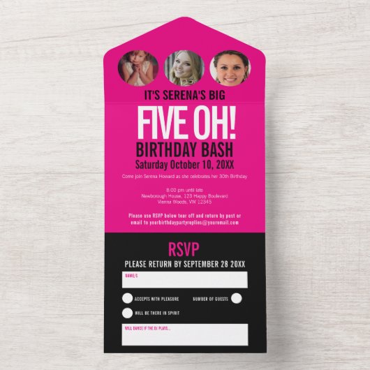 Invitation Tout En Un Cercles photo en noir rose graphique 50e anniversa (À l'intérieur)