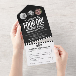 Invitation Tout En Un Cercles photo mono noir rayures 40e anniversaire