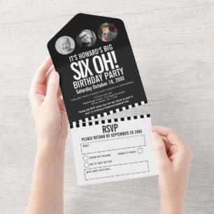 Invitation Tout En Un Cercles photo mono noir rayures 60e anniversaire