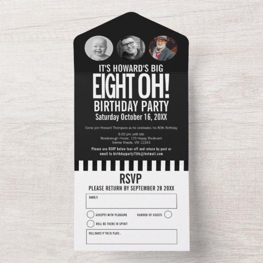 Invitation Tout En Un Cercles photo mono noir rayures 80e anniversaire (À l'intérieur)
