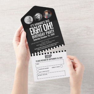 Invitation Tout En Un Cercles photo mono noir rayures 80e anniversaire