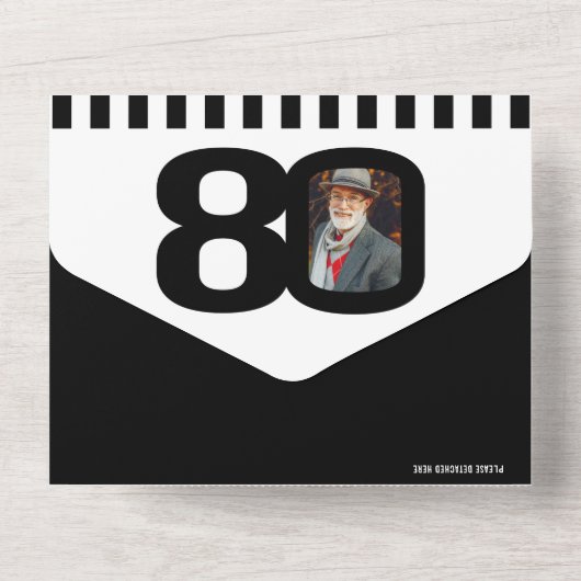 Invitation Tout En Un Cercles photo mono noir rayures 80e anniversaire (Verso)