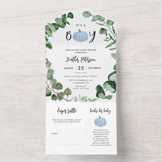 Invitation Tout En Un C'est un Baby shower garçon Citrouille bleu garçon (À l'intérieur)