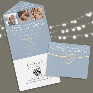 Invitation Tout En Un Chaîne Lumières Dusty Blue Mariage QR Code