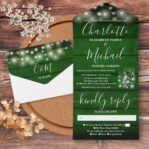 Invitation Tout En Un Chaîne Lumières Mason Jars Mariage en bois vert