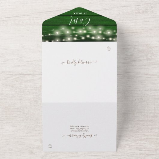Invitation Tout En Un Chaîne Lumières Mason Jars Mariage en bois vert (Dehors)