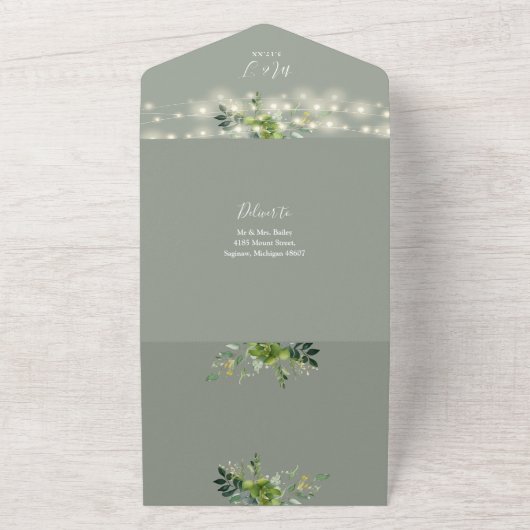 Invitation Tout En Un Chaîne Lumières verdure QR Code Sage Mariage vert (Dehors)