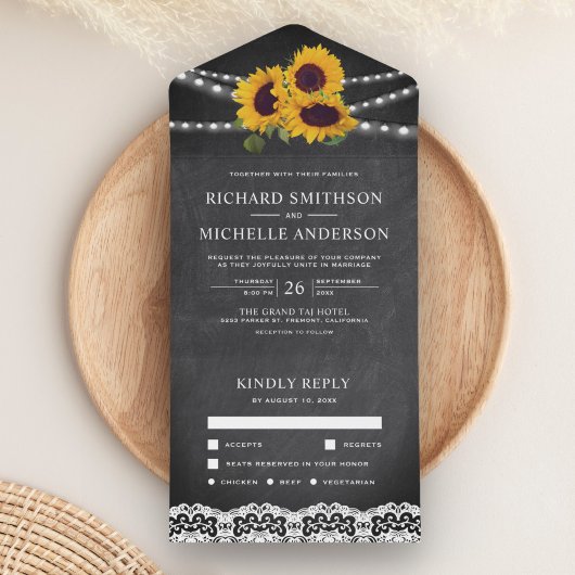 Invitation Tout En Un Chalkboard Lights dentelle Mariage de tournesol