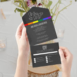 Invitation Tout En Un Chalkboard mariage doodle coeurs M et M.<br><div class="desc">Chalkboard mariage doodle coeurs Mr et Mr texte invitation .. rainbow pride flag détail .. adapté à la fois aux mariages gais / cérémonie civile / invitations de mariage - annonces mariages modernes .. annonces mariages totalement personnalisables de Ricaso.. Ajoutez vos propres détails à ce mariage étonnant tout en une...</div>