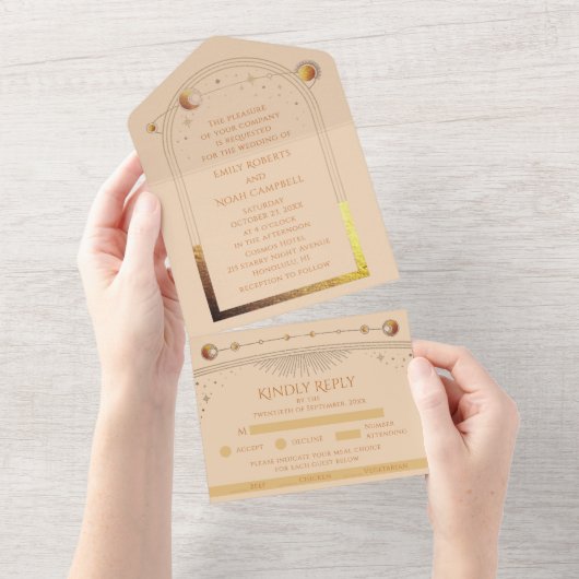 Invitation Tout En Un Champagne céleste Gold Sun Moon Stars Mariage (Déchirure)