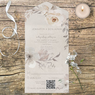 Invitation Tout En Un Champagne & Crème Aquarelle Boho Floral QR Code