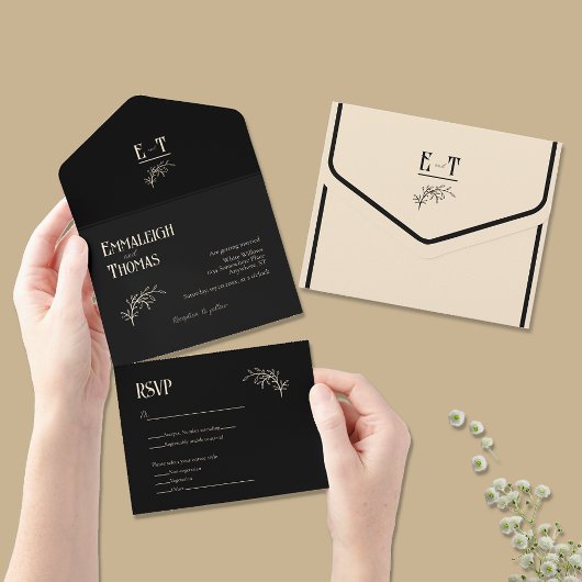 Invitation Tout En Un Champagne et noir Simple Mariage moderne