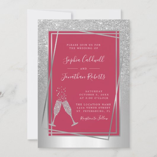 Invitation Tout en un Champagne Mariage en argent Magenta ten (Devant)