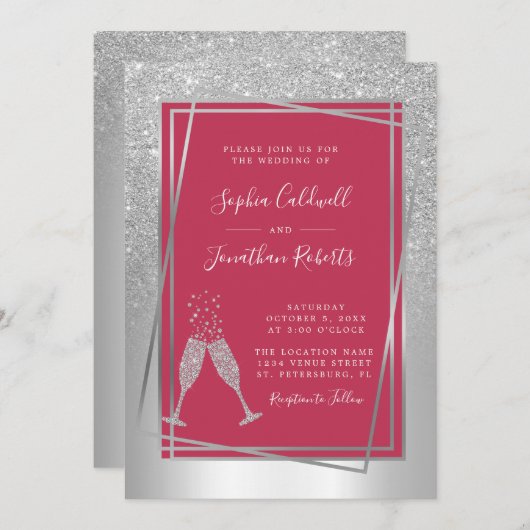 Invitation Tout en un Champagne Mariage en argent Magenta ten (Devant / Derrière)