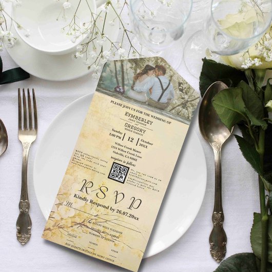 Invitation Tout En Un Champagne Sakura Cerry Blossoms Photo QR Code