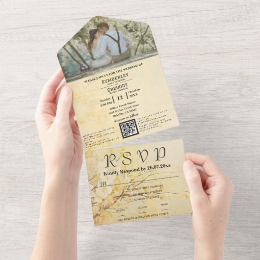 Invitation Tout En Un Champagne Sakura Cerry Blossoms Photo QR Code (Déchirure)