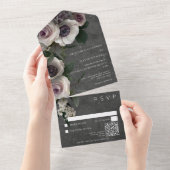 Invitation Tout En Un Charbon noir élégant Floral moderne QR Code (Déchirure)