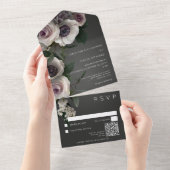 Invitation Tout En Un Charbon noir et blanc Floral moderne QR Code (Déchirure)