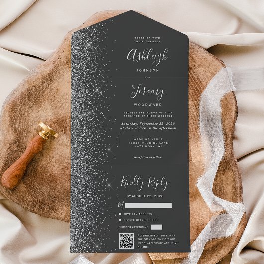 Invitation Tout En Un Charcoal Gray Silver Glitter QR Code Wedding
