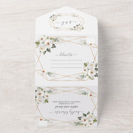 Invitation Tout En Un Charm Fleurs blanches Gold Mariage (Dehors)