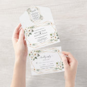 Invitation Tout En Un Charm Fleurs blanches Gold Mariage (Déchirure)