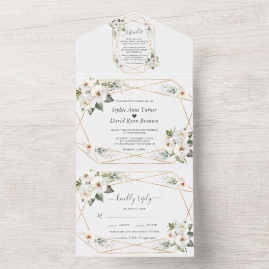 Invitation Tout En Un Charm Fleurs blanches Gold Mariage (À l'intérieur)