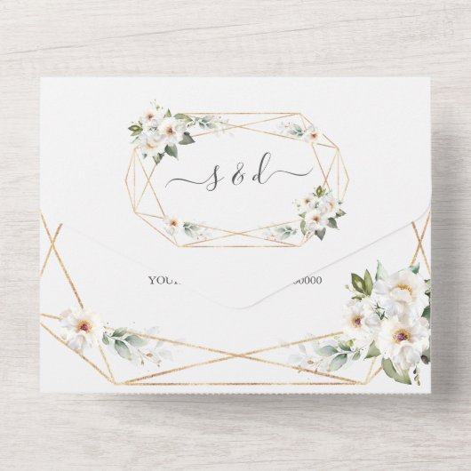 Invitation Tout En Un Charm Fleurs blanches Gold Mariage (Verso)