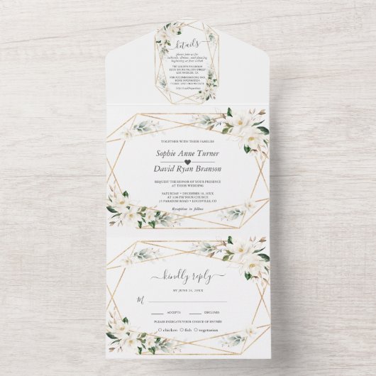 Invitation Tout En Un Charm Magnolia Fleurs Rose Mariage or (À l'intérieur)