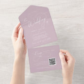 Invitation Tout En Un Charme élégant QR Code Lilac Mariage rose (Déchirure)