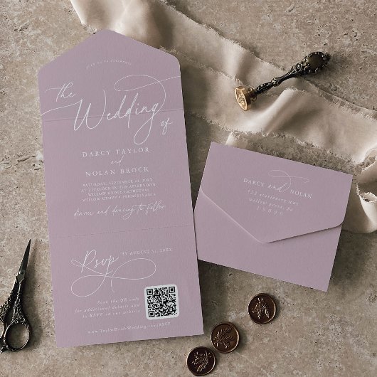 Invitation Tout En Un Charme élégant QR Code Lilac Mariage rose