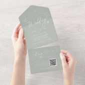 Invitation Tout En Un Charme élégant QR Code Sage Green Mariage (Déchirure)