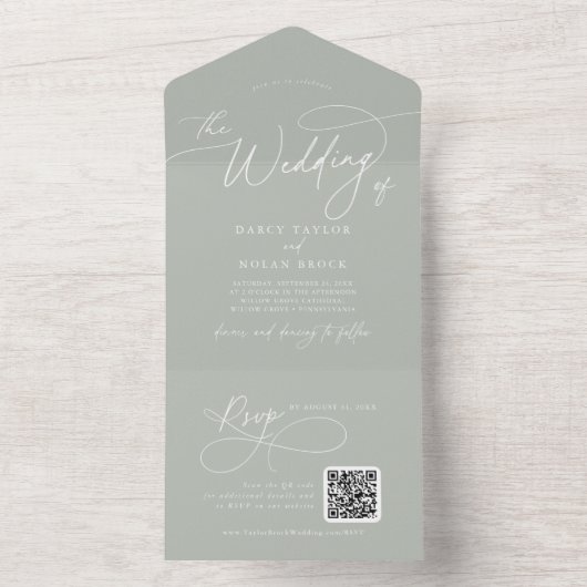 Invitation Tout En Un Charme élégant QR Code Sage Green Mariage (À l'intérieur)