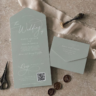 Invitation Tout En Un Charme élégant QR Code Sage Green Mariage