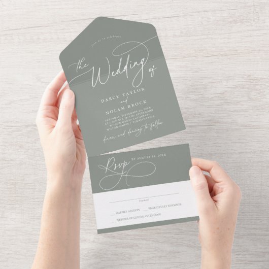 Invitation Tout En Un Charme élégant RSVP Dark Sage Mariage (Déchirure)