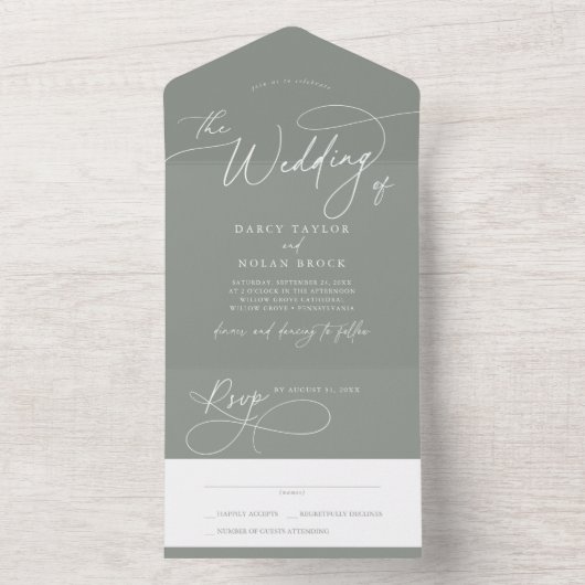 Invitation Tout En Un Charme élégant RSVP Dark Sage Mariage (À l'intérieur)