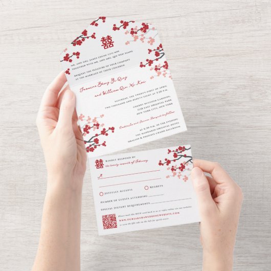 Invitation Tout En Un Cherry Blossoms double bonheur Mariage chinois (Déchirure)